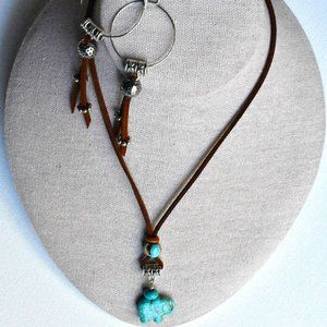 Turquoise and Leather Necklace Earring Set